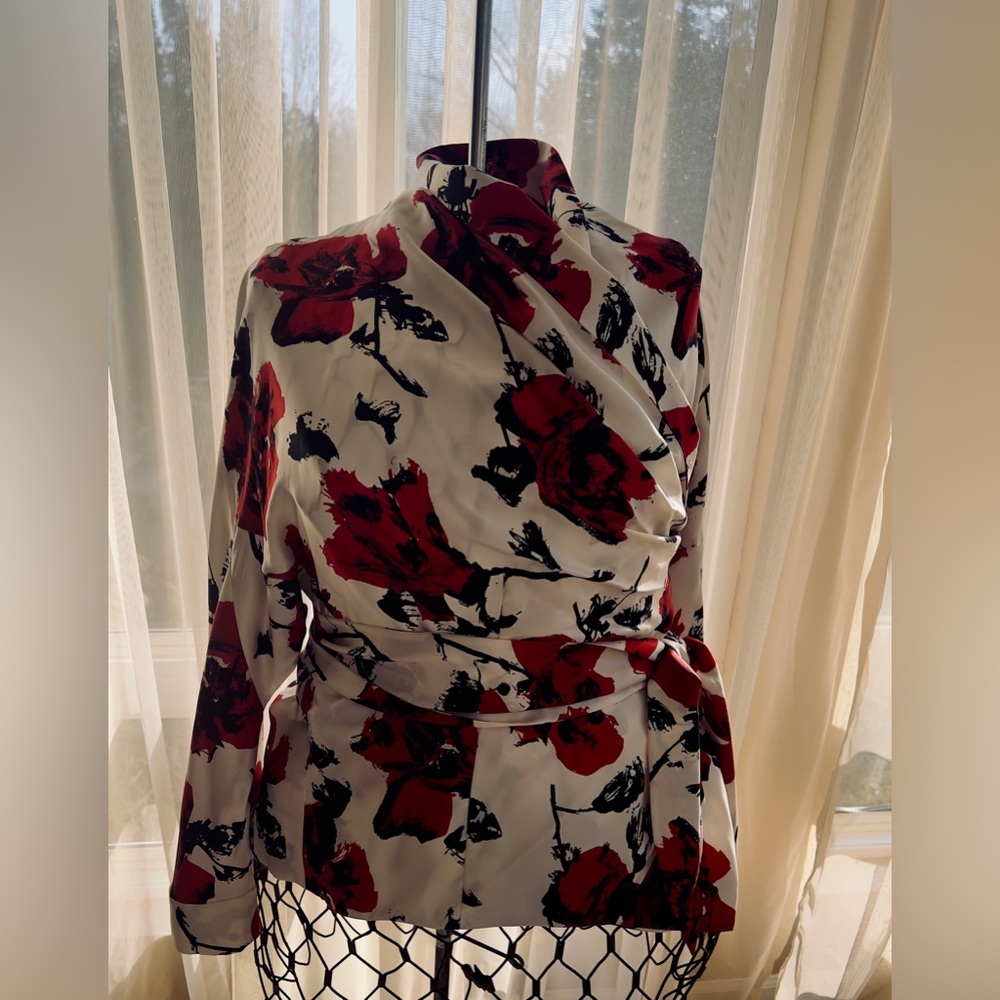 Jones New York Silk Floral Print Wrap Blouse Tie Cropped 18W Career Colorful